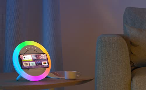 Haut-parleur Bluetooth avec lumières, haut-parleur de chargement sans fil, lampe de nuit moderne multicolore à intensité variable, applicable pour chambre/adolescente, cadeaux pour garçon (chargement sans fil 5 W)