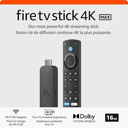 Appareil de streaming Amazon Fire TV Stick 4K Max, prend en charge le Wi-Fi 6E, la télévision gratuite et en direct sans câble ni satellite