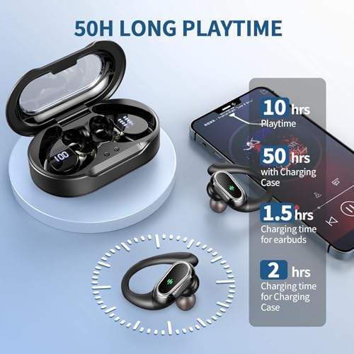 Wireless Earbuds, 2024 Bluetooth 5.3 Headphones Sport, Bluetooth Earbuds with ENC Noise Canceling Mic, 50H Stereo Wireless Headphones IP7 Waterproof with Earhooks, Dual LED Display for Running/Workout