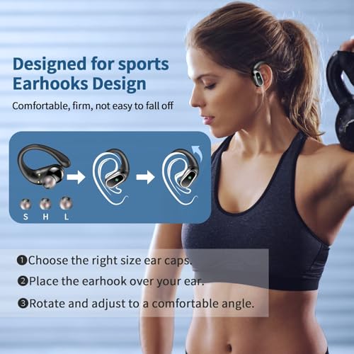 Wireless Earbuds, 2024 Bluetooth 5.3 Headphones Sport, Bluetooth Earbuds with ENC Noise Canceling Mic, 50H Stereo Wireless Headphones IP7 Waterproof with Earhooks, Dual LED Display for Running/Workout