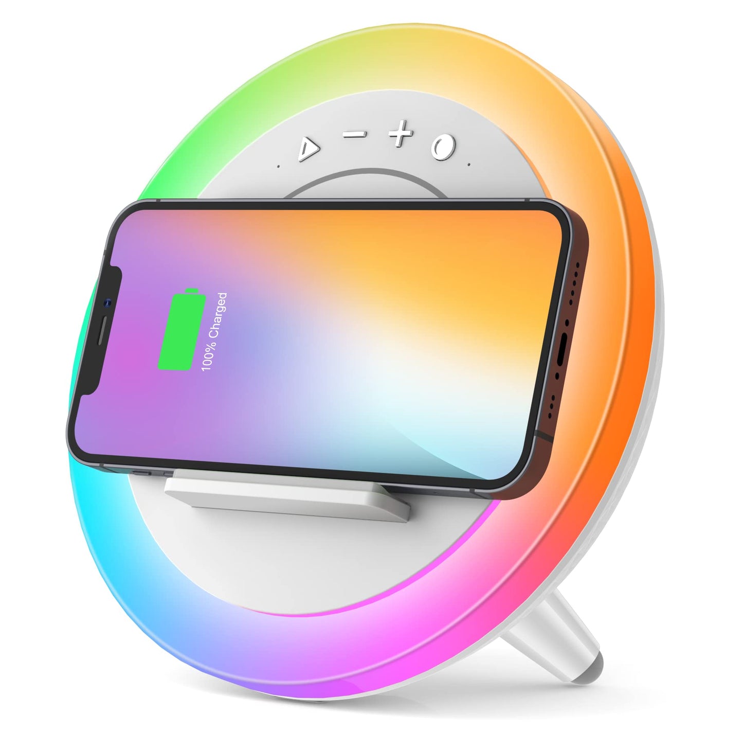 Haut-parleur Bluetooth avec lumières, haut-parleur de chargement sans fil, lampe de nuit moderne multicolore à intensité variable, applicable pour chambre/adolescente, cadeaux pour garçon (chargement sans fil 5 W)