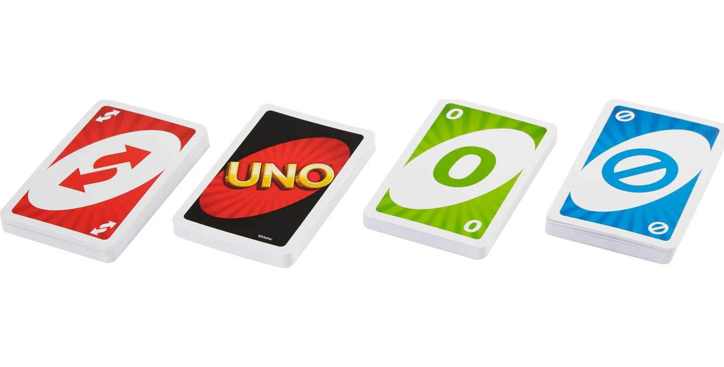 Mattel Games UNO Family Card Game, with 112 Cards in a Sturdy Storage Tin, Travel-Friendly, Makes a Great Game for 7 Year Olds and Up