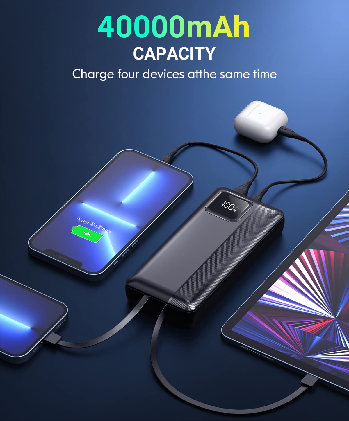 Chargeur portable Power Bank - Power Bank 40000mAh prend en charge PD 30W et QC4.0 Charge rapide avec câble de sortie 2 intégré et écran LED pour téléphones iPhone et Android et la plupart des appareils électroniques