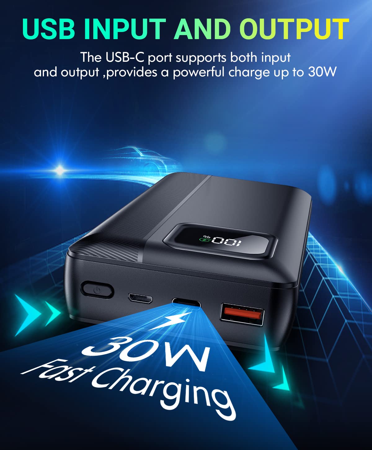 Chargeur portable Power Bank - Power Bank 40000mAh prend en charge PD 30W et QC4.0 Charge rapide avec câble de sortie 2 intégré et écran LED pour téléphones iPhone et Android et la plupart des appareils électroniques