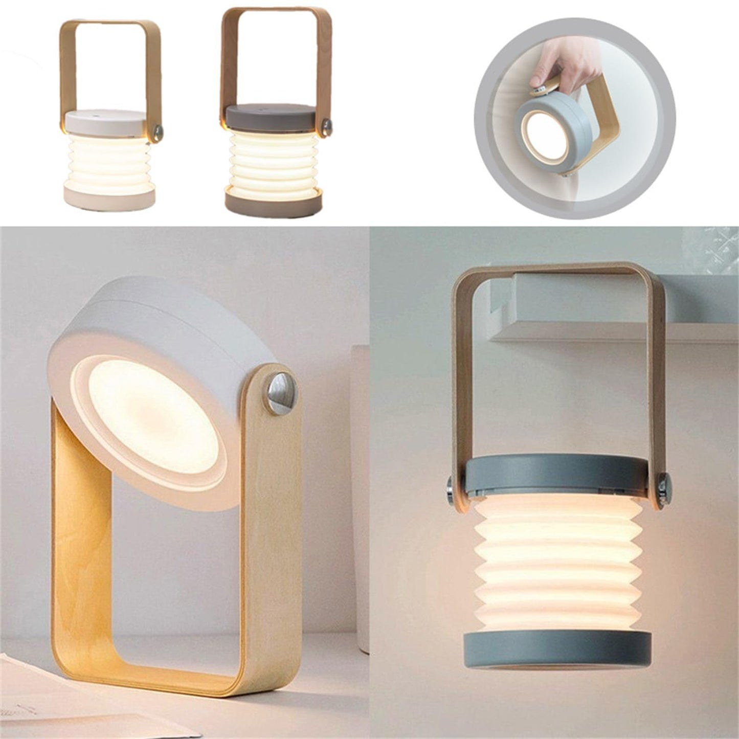 4-in-1 Foldable Table Lamp, USB Charge Table Lamp - Dimmable LED Light with Wooden Handle, Touch Control Dimmable 3 Level Brightness Night Light for Reading, Outdoor Camping (Color A)