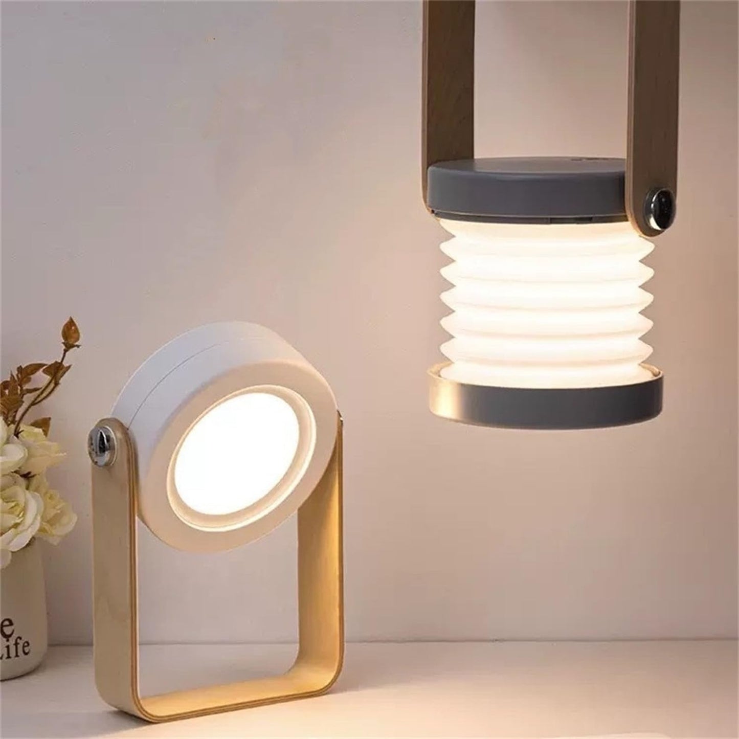 4-in-1 Foldable Table Lamp, USB Charge Table Lamp - Dimmable LED Light with Wooden Handle, Touch Control Dimmable 3 Level Brightness Night Light for Reading, Outdoor Camping (Color A)