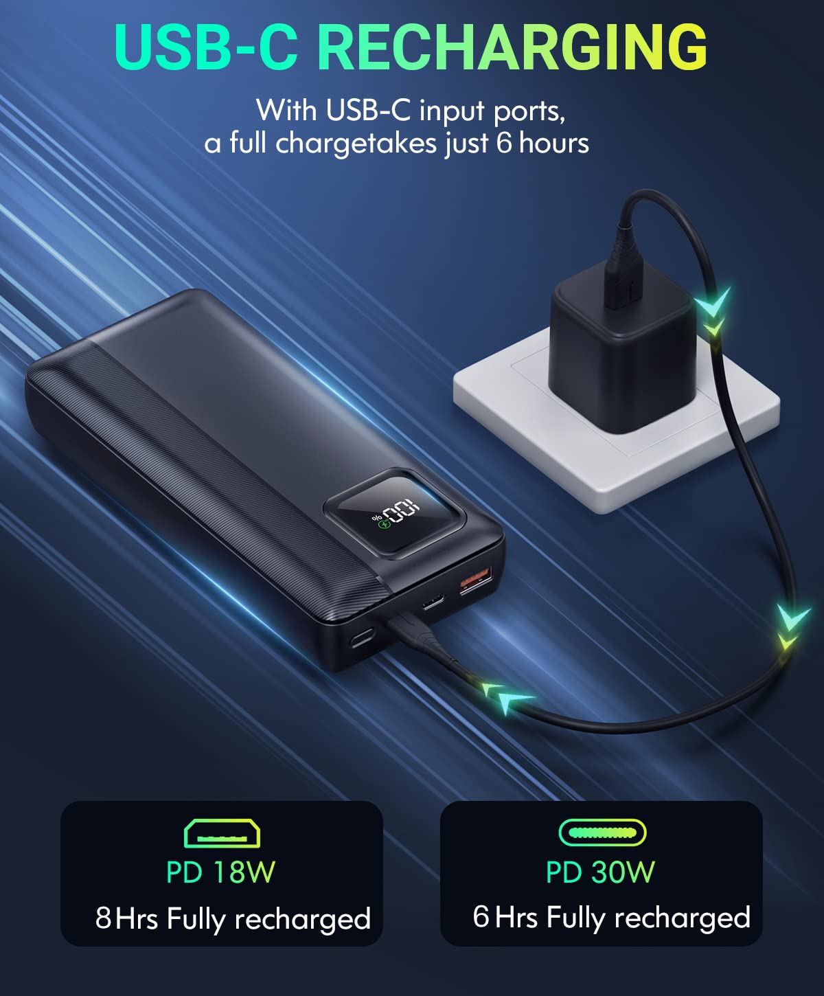 Chargeur portable Power Bank - Power Bank 40000mAh prend en charge PD 30W et QC4.0 Charge rapide avec câble de sortie 2 intégré et écran LED pour téléphones iPhone et Android et la plupart des appareils électroniques