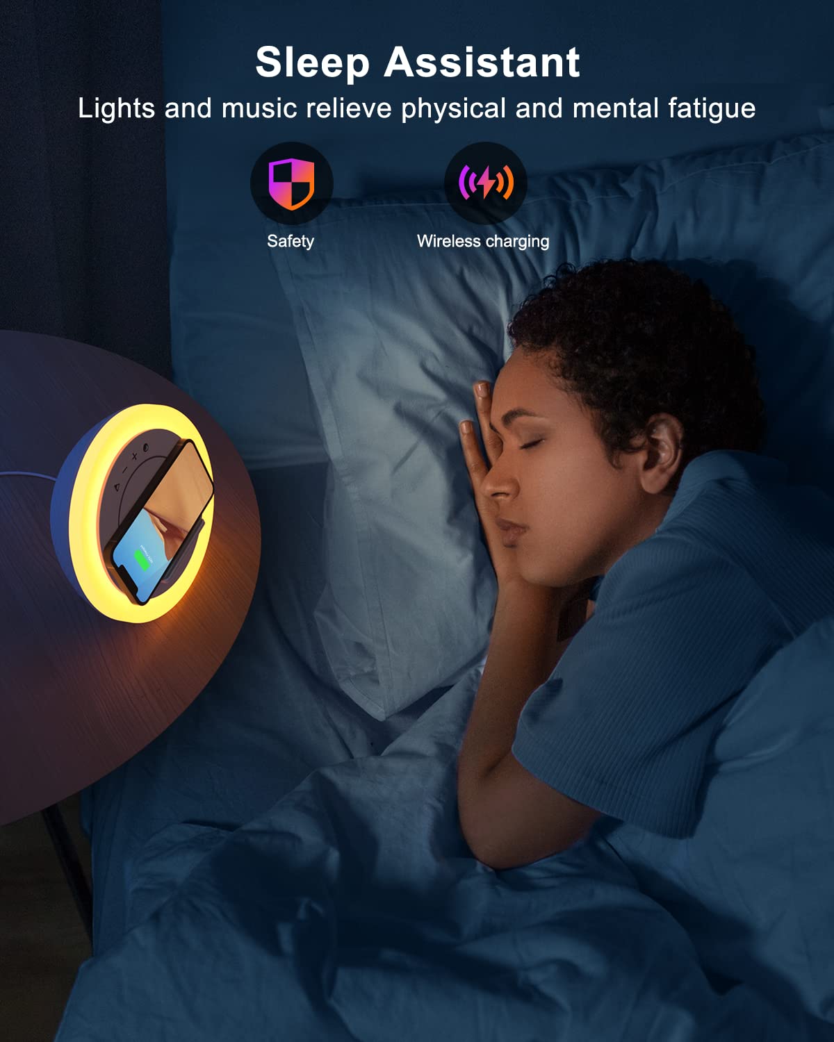 Haut-parleur Bluetooth avec lumières, haut-parleur de chargement sans fil, lampe de nuit moderne multicolore à intensité variable, applicable pour chambre/adolescente, cadeaux pour garçon (chargement sans fil 5 W)