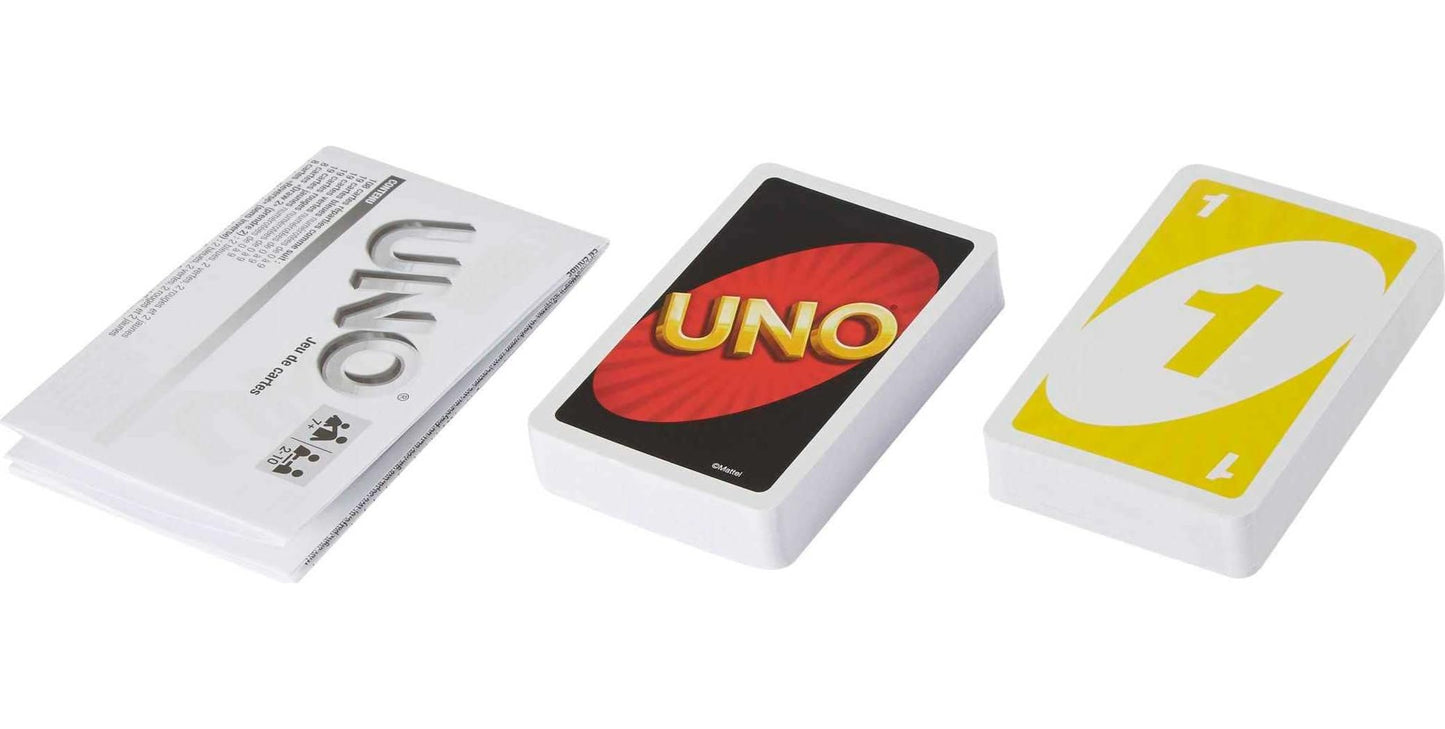 Mattel Games UNO Family Card Game, with 112 Cards in a Sturdy Storage Tin, Travel-Friendly, Makes a Great Game for 7 Year Olds and Up