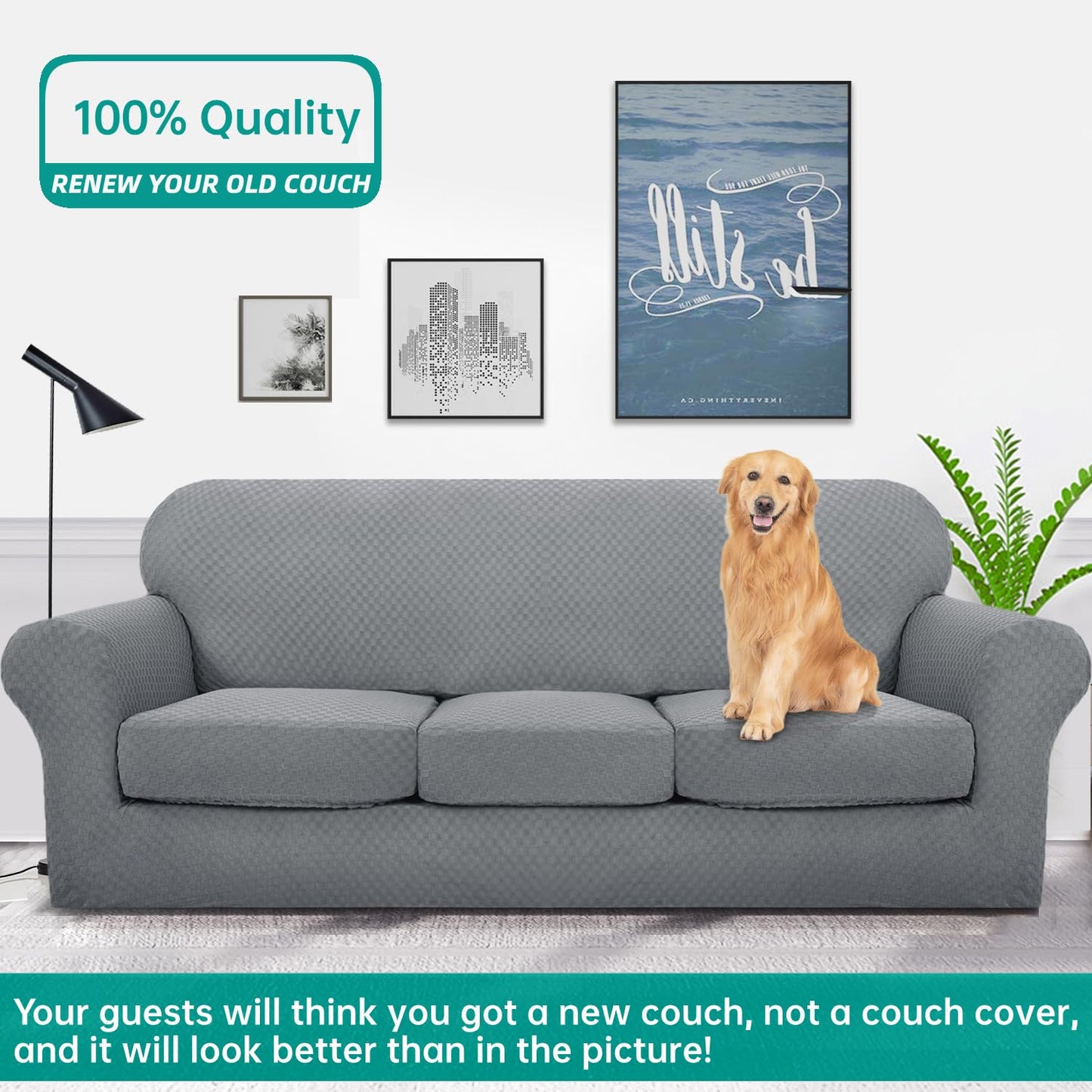 YEMYHOM Latest Checkered 4 Pieces Couch Covers for 3 Cushion Couch High Stretch Thickened Sofa Cover for Dogs Pets Anti Slip Elastic Slipcovers Living Room Furniture Protector (Sofa, Light Gray)