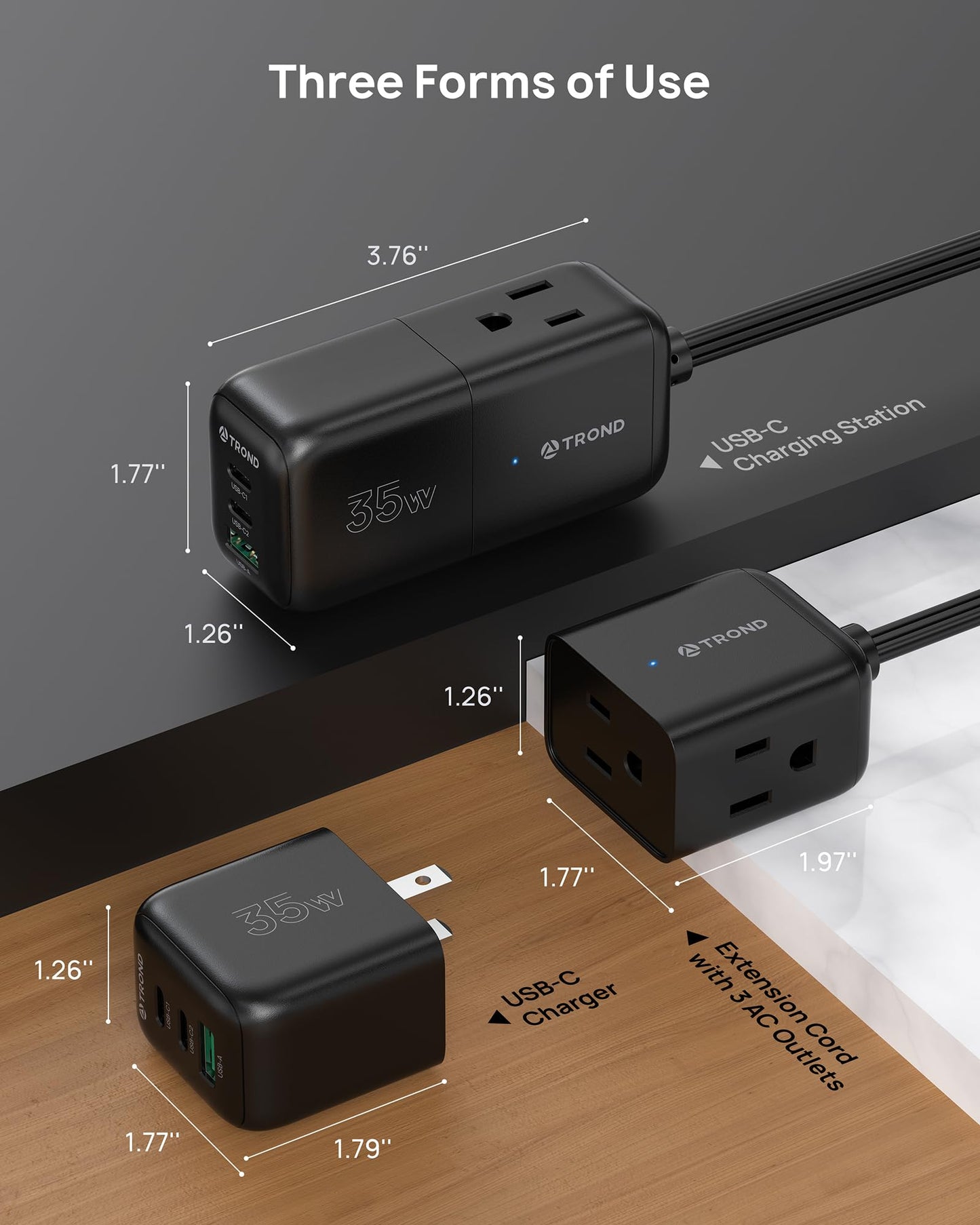 TROND 35W USB C Charger, 3 Port GaN Charging Station with 3 AC Outlets, 5ft Flat Plug Extension Cord Power Bar, Small Fast Charging Block for iPhone iPad Pro Pixel Galaxy, Travel Essentials, Black