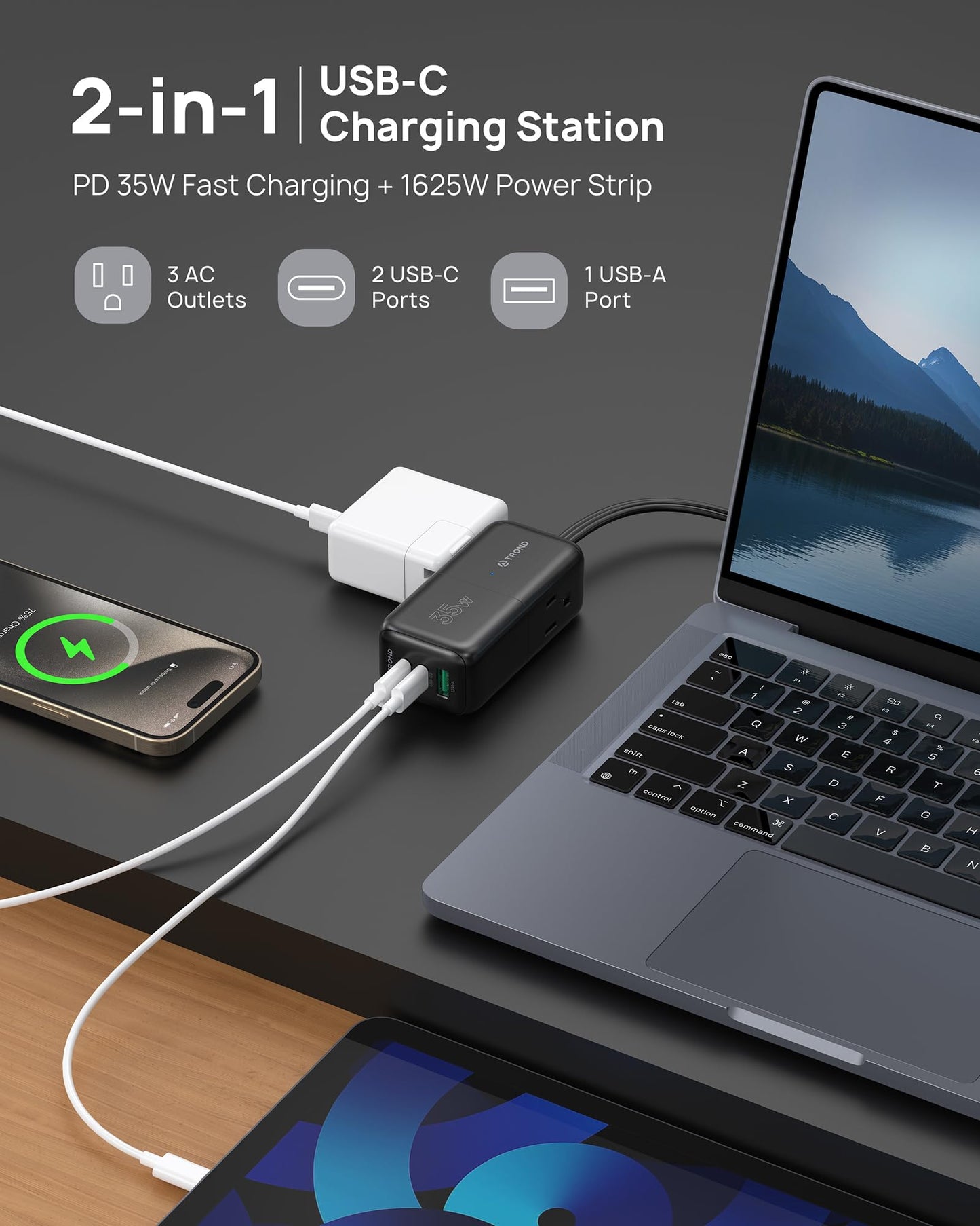 TROND 35W USB C Charger, 3 Port GaN Charging Station with 3 AC Outlets, 5ft Flat Plug Extension Cord Power Bar, Small Fast Charging Block for iPhone iPad Pro Pixel Galaxy, Travel Essentials, Black