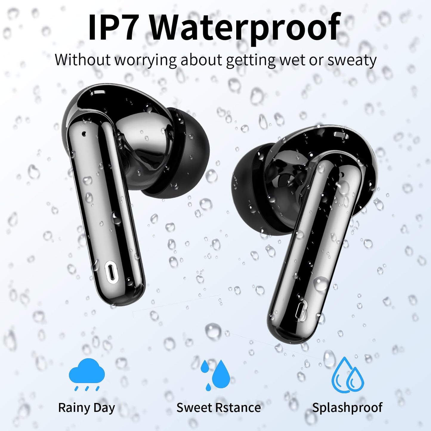 Wireless Earbuds, Bluetooth Headphones 5.3 HiFi Stereo, Wireless Earphones with ENC Noise Cancelling Mic, IP7 Waterproof in Ear Wireless Headphones, LED Digital Display Ear Buds, Touch Control, Black