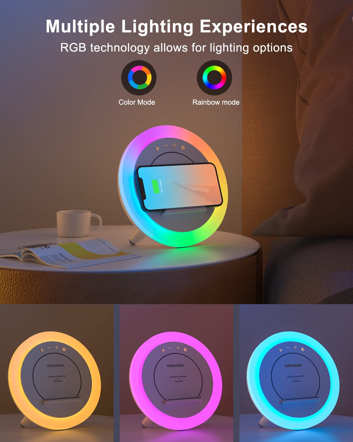 Haut-parleur Bluetooth avec lumières, haut-parleur de chargement sans fil, lampe de nuit moderne multicolore à intensité variable, applicable pour chambre/adolescente, cadeaux pour garçon (chargement sans fil 5 W)