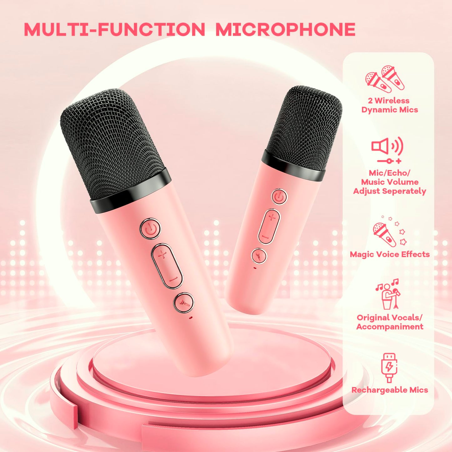 Mini Karaoke Machine for Kids Adults, Portable Bluetooth Speaker with 2 Wireless Microphones,Toys Birthday Gifts for Girls Ages 4, 5, 6, 7, 8,9,10,11,12+ Years Old Toddler Teens (Lightpink)