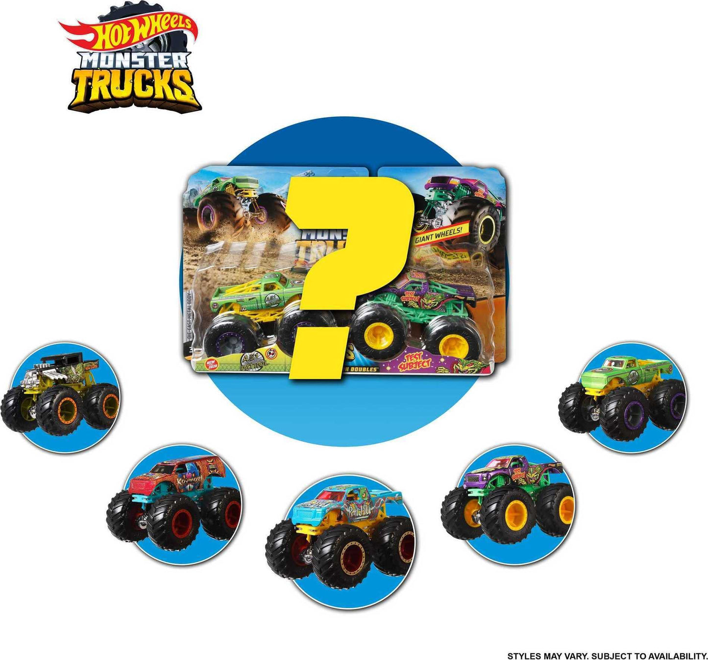 Hot Wheels Monster Trucks Toy Trucks 2-Pack, Demolition Doubles Set of 2 Vehicles in 1:64 Scale, For Kids & Collectors (Styles May Vary)