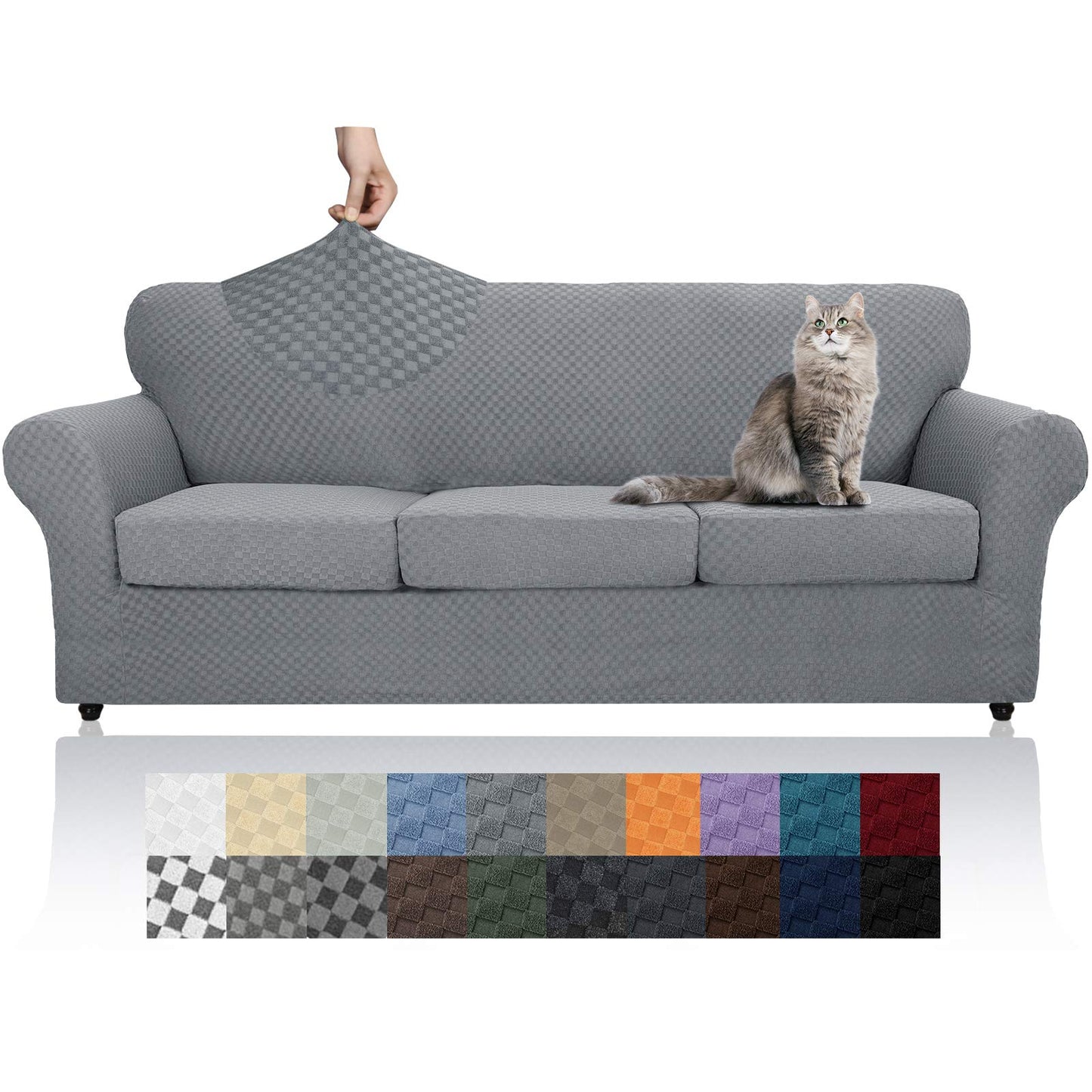 YEMYHOM Latest Checkered 4 Pieces Couch Covers for 3 Cushion Couch High Stretch Thickened Sofa Cover for Dogs Pets Anti Slip Elastic Slipcovers Living Room Furniture Protector (Sofa, Light Gray)