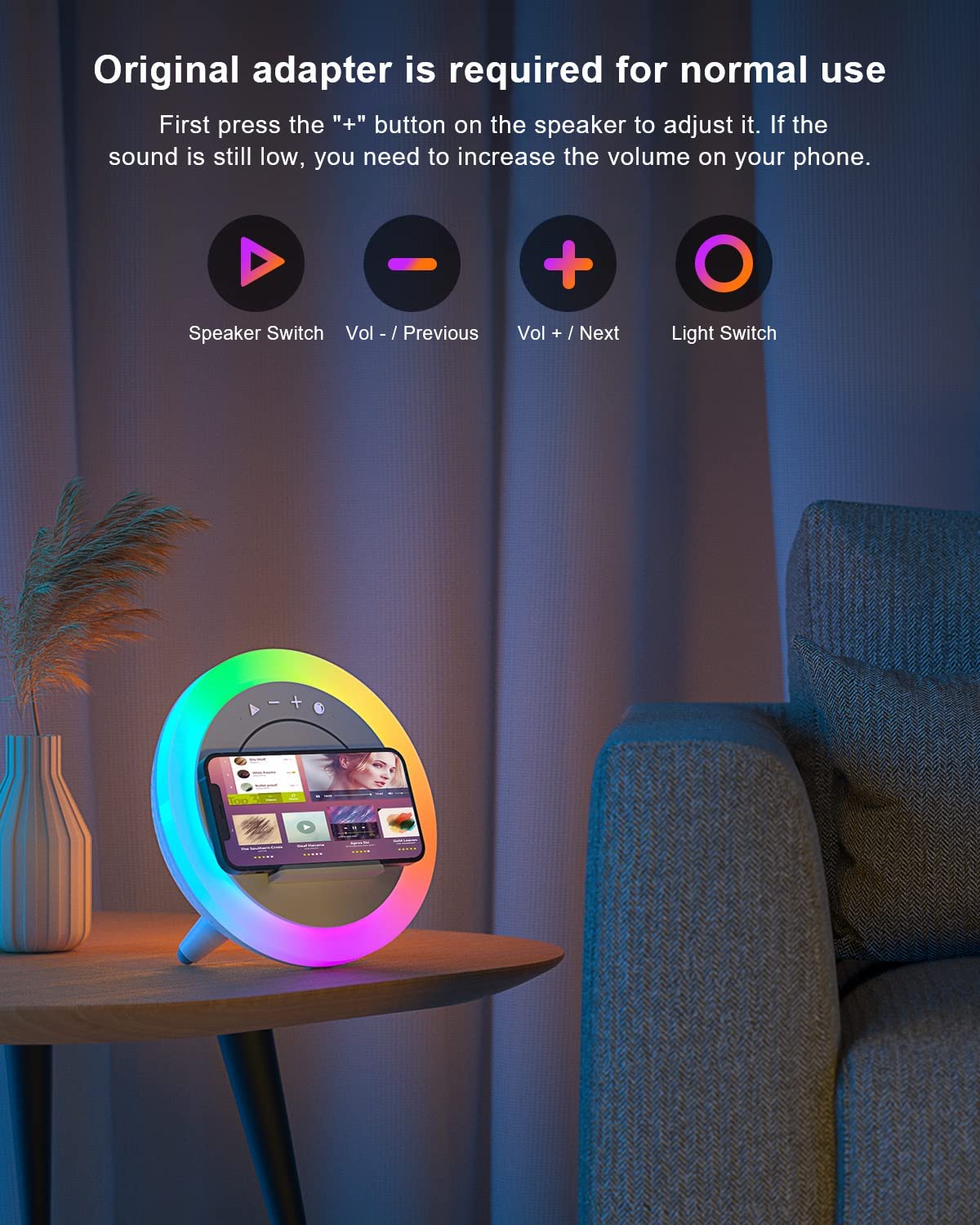 Haut-parleur Bluetooth avec lumières, haut-parleur de chargement sans fil, lampe de nuit moderne multicolore à intensité variable, applicable pour chambre/adolescente, cadeaux pour garçon (chargement sans fil 5 W)