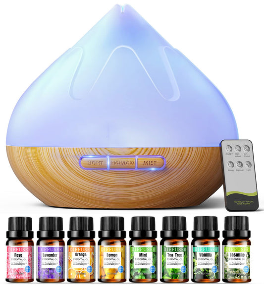 Aroma 500 ML Diffiser with Essential Oils Set, Essential Oil Diffuser with Remote Control, Humidifier with 14 Color Lights for Large Room, 4 Timer Setting, Auto Shut-Off