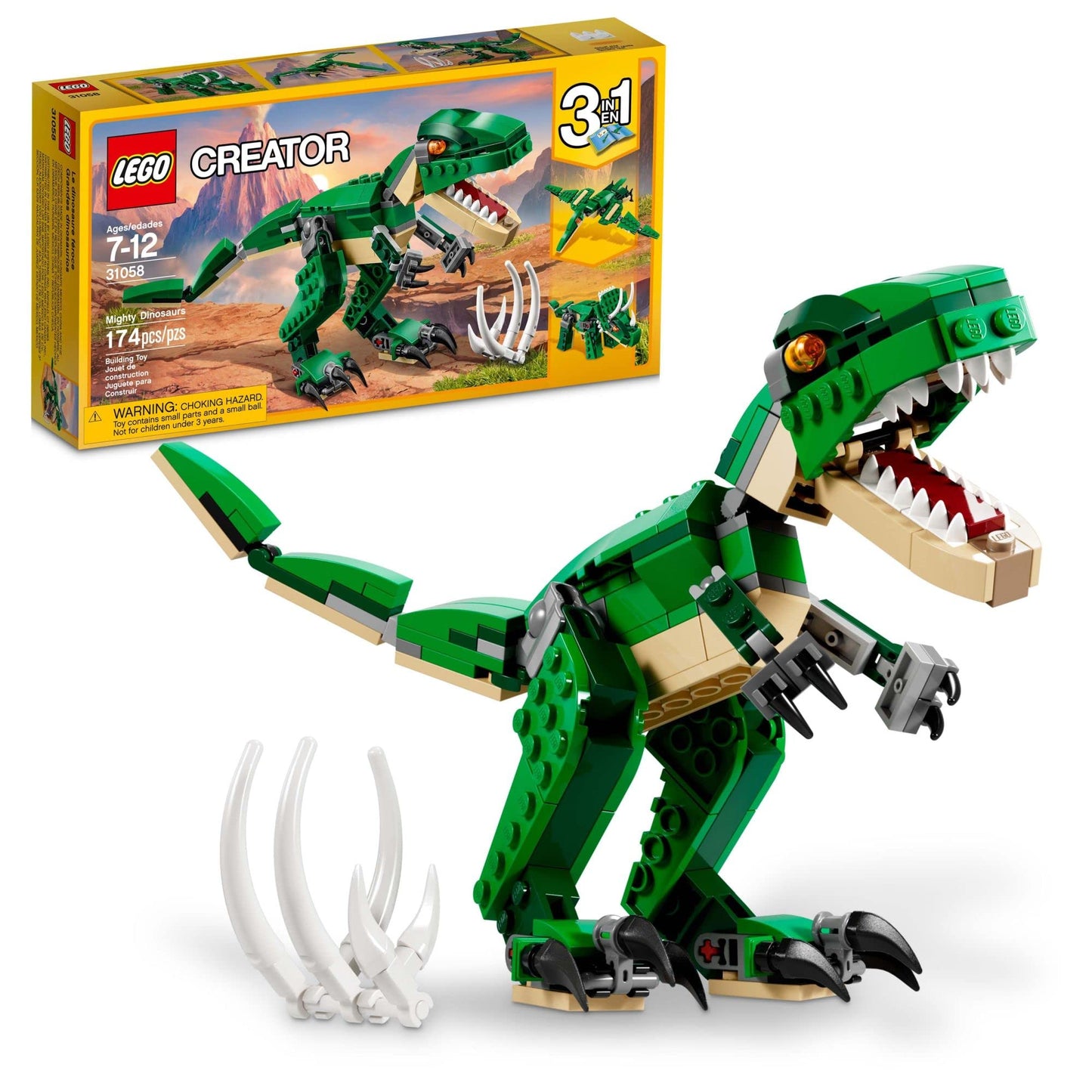 Jouet 3 en 1 Mighty Dinosaur LEGO Creator, se transforme de T. rex en Triceratops en figurines de dinosaures ptérodactyles, excellent cadeau pour les garçons et les filles de 7 à 12 ans, 31058