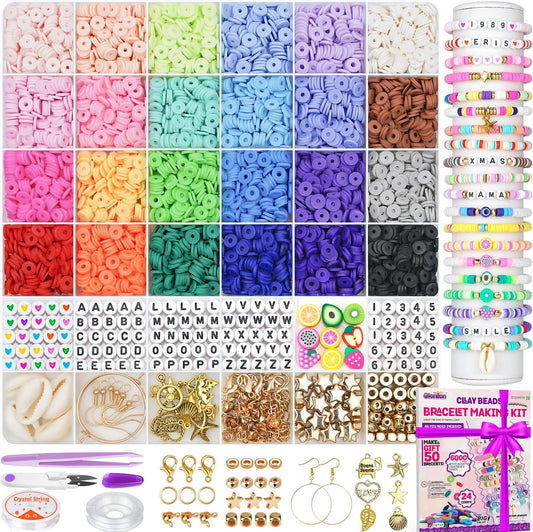 Gionlion 6000 Pcs Clay Beads for Bracelet Making, 24 Colors Flat Preppy Beads for Friendship Bracelet Kit, Polymer Clay Heishi Beads with Charms for Jewelry Making, Crafts Gifts for Teen Girls