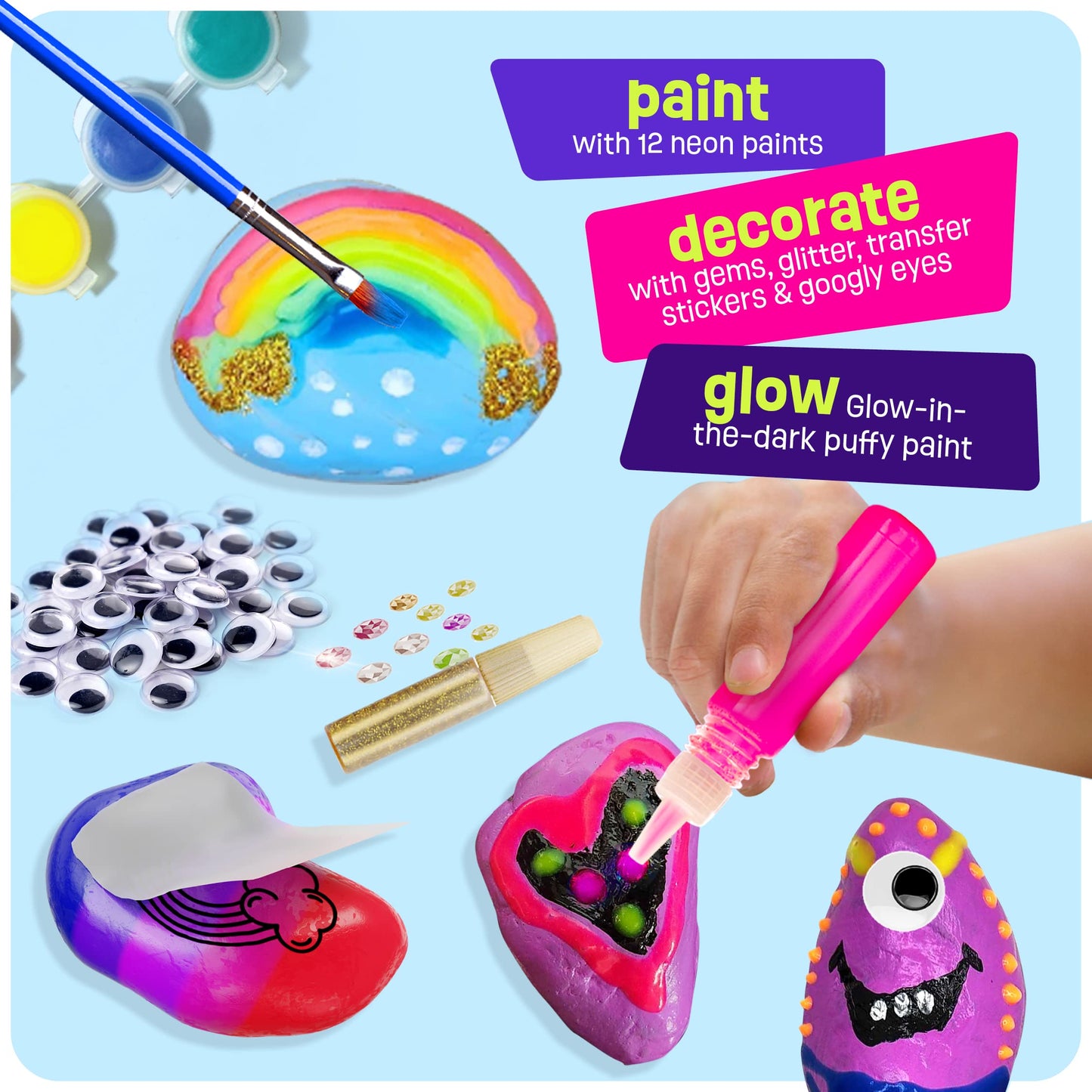 Kids Rock Painting Kit - Glow in The Dark - Arts & Crafts Easter Gifts for Boys and Girls Ages 4-12 - Craft Activities Kits - Creative Art Toys for 4, 5, 6, 7, 8, 9, 10, 11 & 12 Year Old Kids