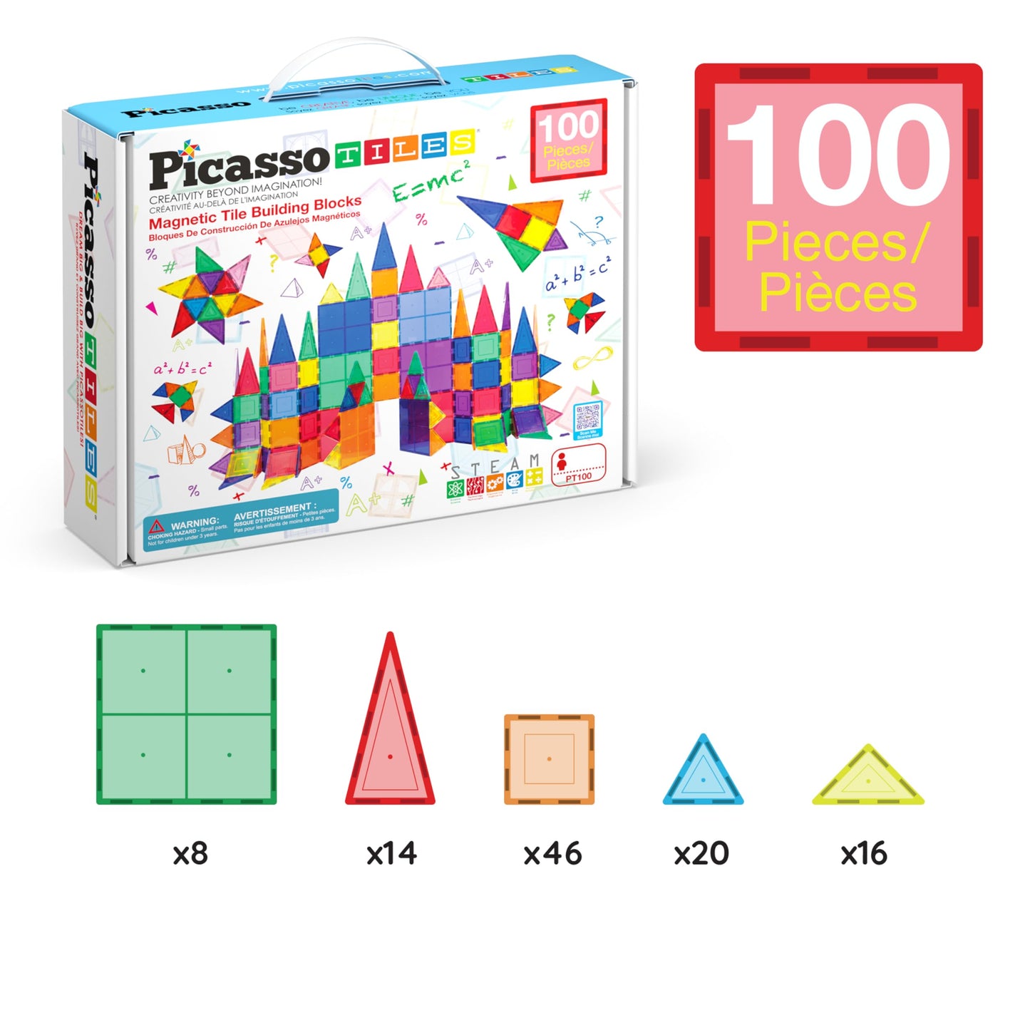 PicassoTiles 100 Piece Set 100pcs Magnet Building Tiles Clear Magnetic 3D Building Blocks Construction Playboards, Creativity beyond Imagination, Inspirational, Recreational, Educational Conventional