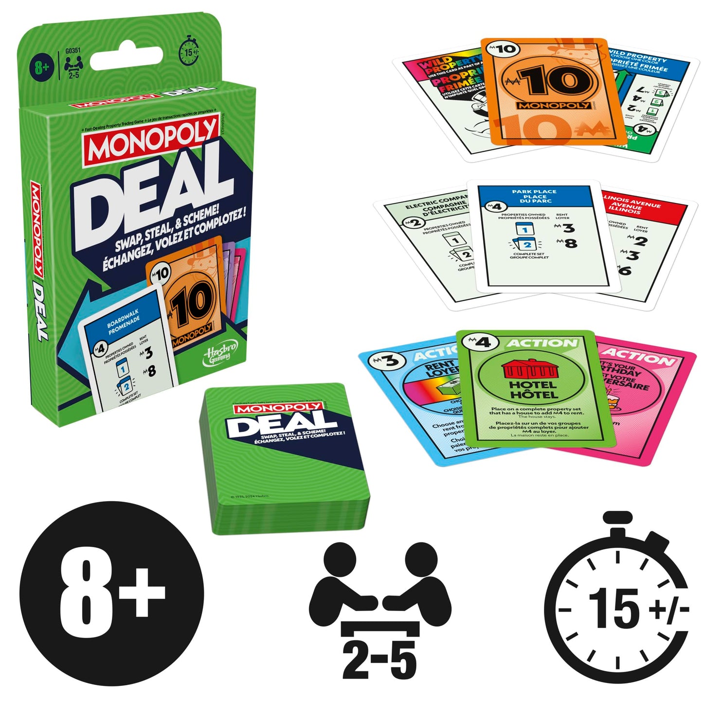 Monopoly Deal Card Game | Quick-Playing Card Game | Fun Games for Families and Kids | Ages 8 and Up | 2 to 5 Players | 15 Mins. | Travel Games (English & French)