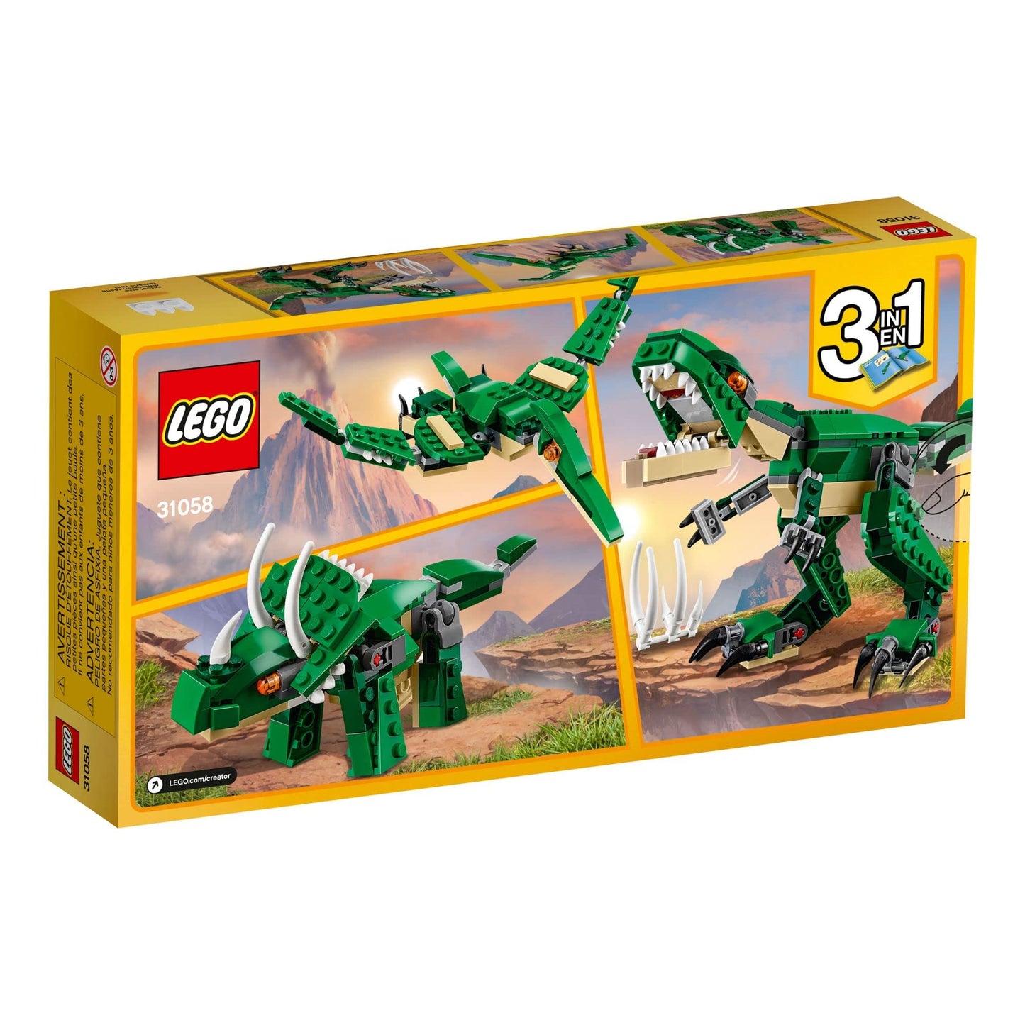 Jouet 3 en 1 Mighty Dinosaur LEGO Creator, se transforme de T. rex en Triceratops en figurines de dinosaures ptérodactyles, excellent cadeau pour les garçons et les filles de 7 à 12 ans, 31058