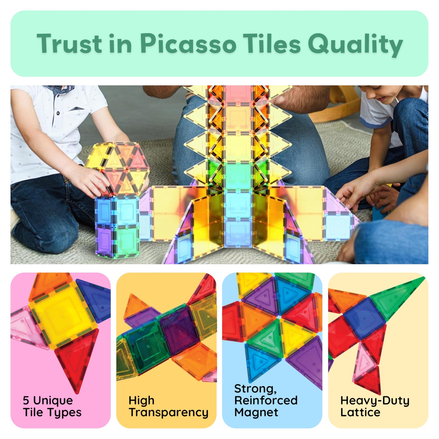 PicassoTiles 100 Piece Set 100pcs Magnet Building Tiles Clear Magnetic 3D Building Blocks Construction Playboards, Creativity beyond Imagination, Inspirational, Recreational, Educational Conventional