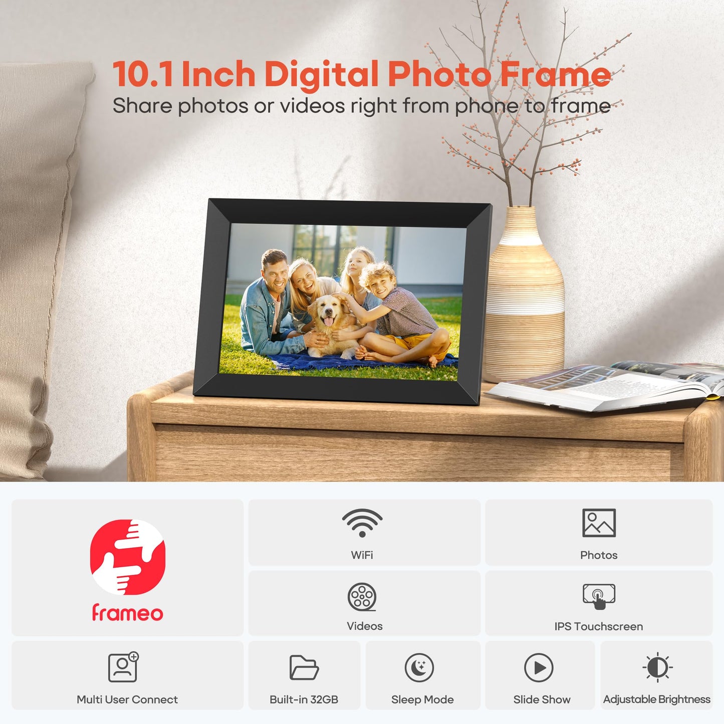 Frameo 10.1 Inch WiFi Digital Picture Frame, 1280x800 HD IPS Touch Screen Photo Frame Electronic, 32GB Memory, Auto-Rotate, Wall Mountable, Share Photos/Videos Instantly via Frameo App from Anywhere