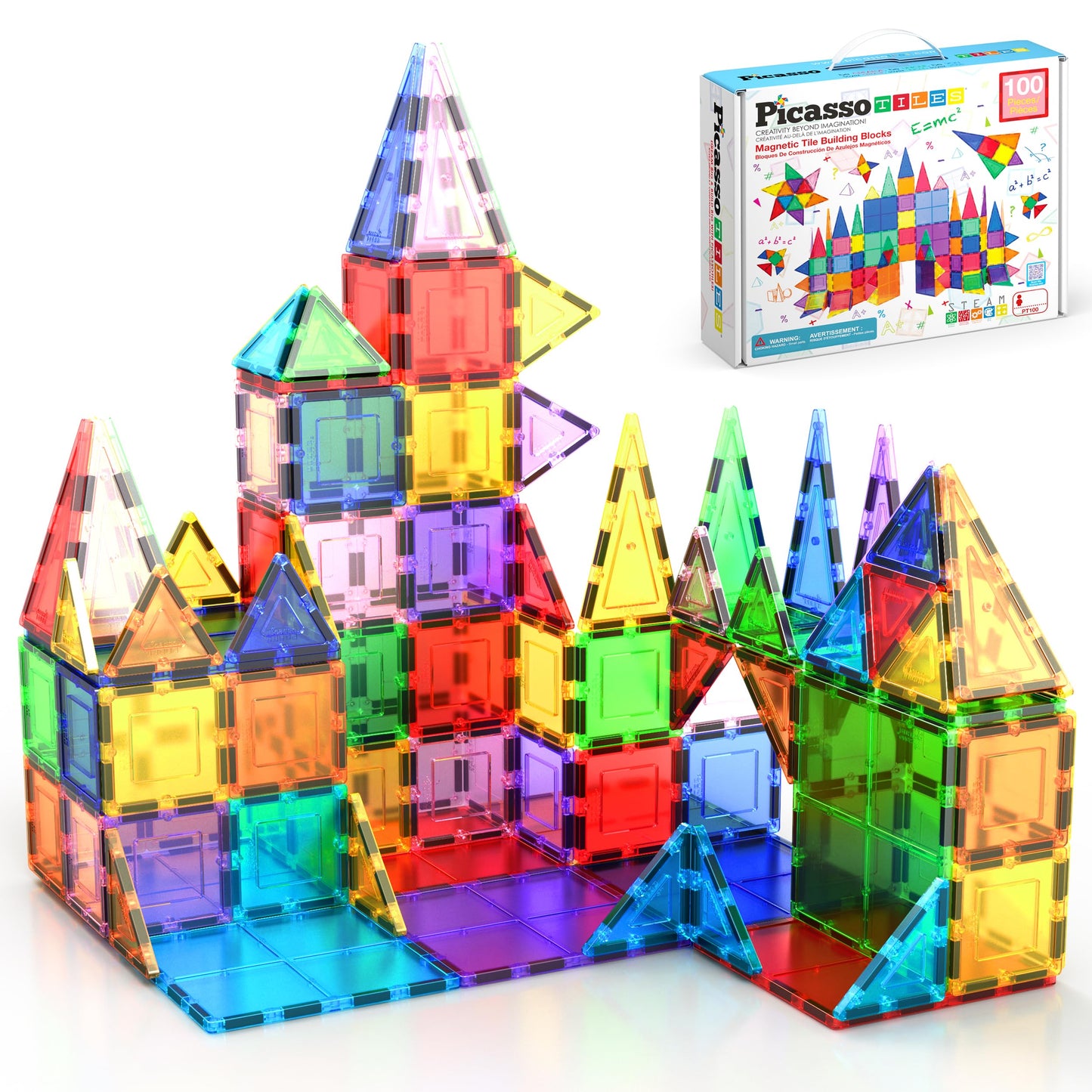 PicassoTiles 100 Piece Set 100pcs Magnet Building Tiles Clear Magnetic 3D Building Blocks Construction Playboards, Creativity beyond Imagination, Inspirational, Recreational, Educational Conventional